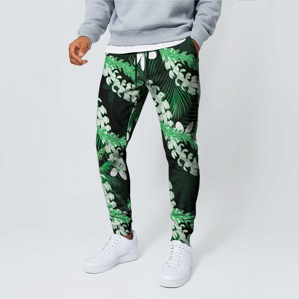 Puakenikeni Maile Lei Jogger Pants Frangipani Green Tropical Leaves