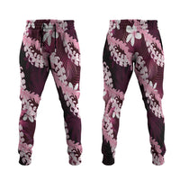 Puakenikeni Maile Lei Jogger Pants Frangipani Pink Tropical Leaves