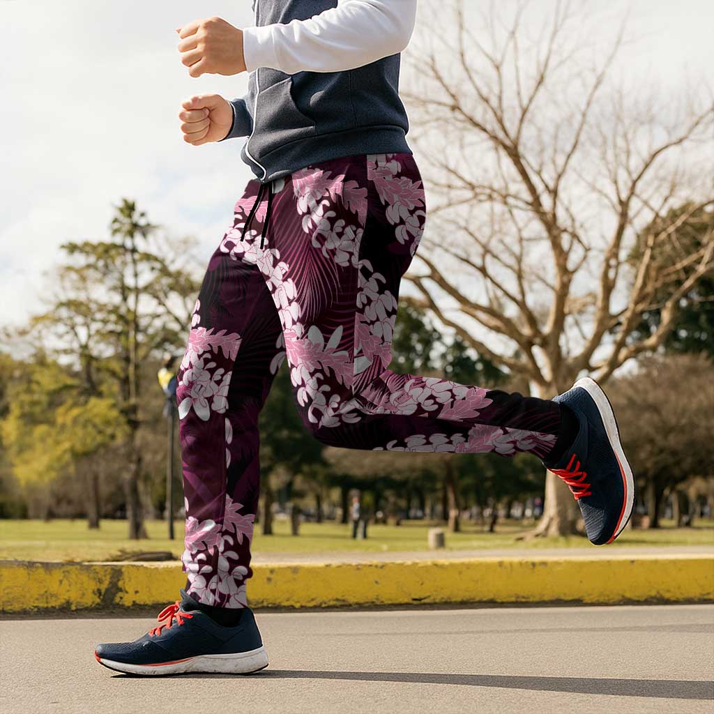 Puakenikeni Maile Lei Jogger Pants Frangipani Pink Tropical Leaves