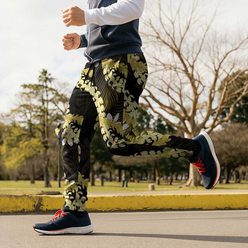Puakenikeni Maile Lei Jogger Pants Frangipani Yellow Tropical Leaves