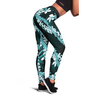 Puakenikeni Maile Lei Leggings Frangipani Turquoise Tropical Leaves LT01 - Polynesian Pride