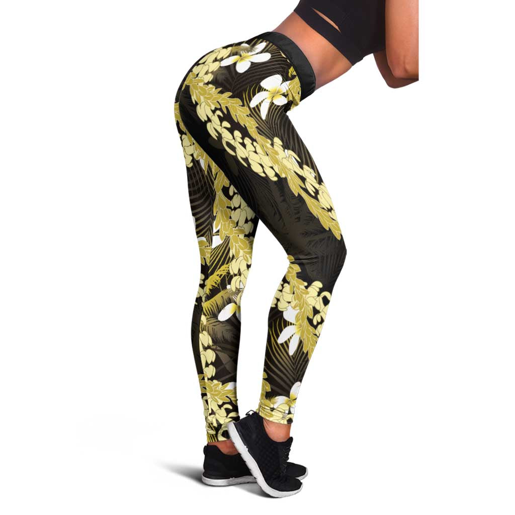Puakenikeni Maile Lei Leggings Frangipani Yellow Tropical Leaves