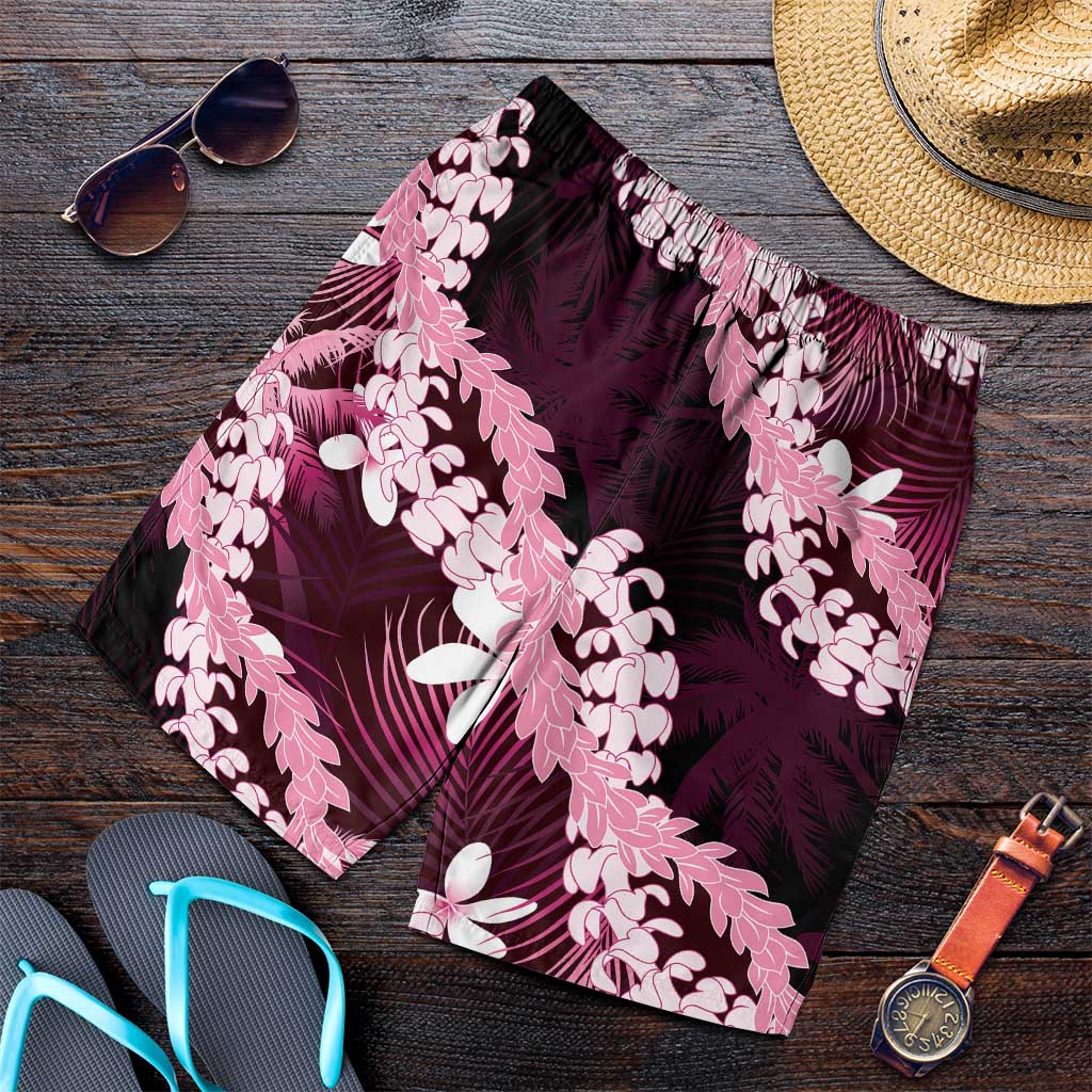 Puakenikeni Maile Lei Shorts for Men Frangipani Pink Tropical Leaves