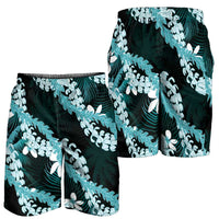 Puakenikeni Maile Lei Shorts for Men Frangipani Turquoise Tropical Leaves