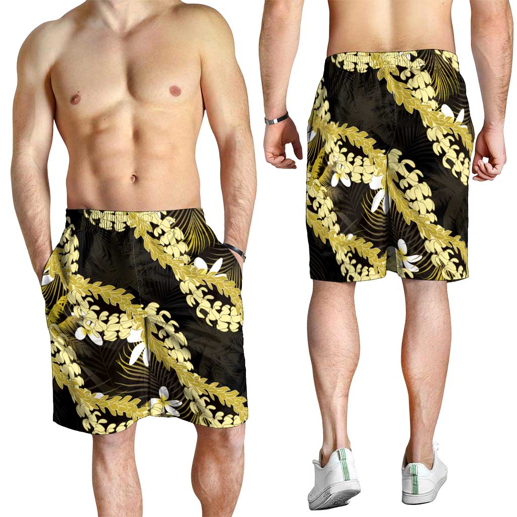 Puakenikeni Maile Lei Shorts for Men Frangipani Yellow Tropical Leaves