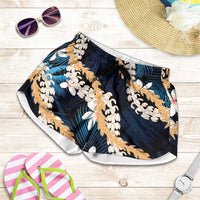 Puakenikeni Maile Lei Shorts for Women Frangipani Blue Tropical Leaves LT01 Blue - Polynesian Pride