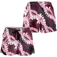 Puakenikeni Maile Lei Shorts for Women Frangipani Pink Tropical Leaves LT01 - Polynesian Pride