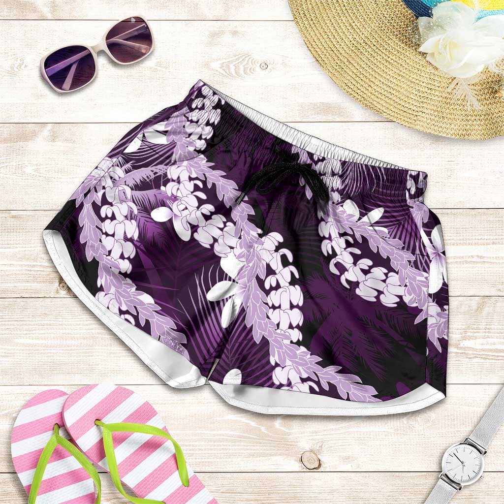 Puakenikeni Maile Lei Shorts for Women Frangipani Purple Tropical Leaves LT01 Purple - Polynesian Pride