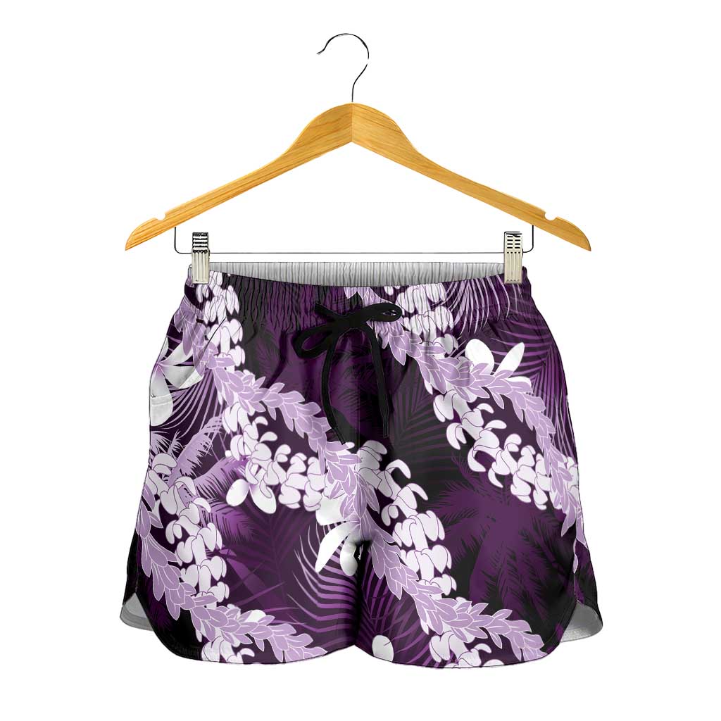 Puakenikeni Maile Lei Shorts for Women Frangipani Purple Tropical Leaves LT01 - Polynesian Pride
