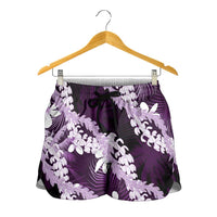Puakenikeni Maile Lei Shorts for Women Frangipani Purple Tropical Leaves LT01 - Polynesian Pride