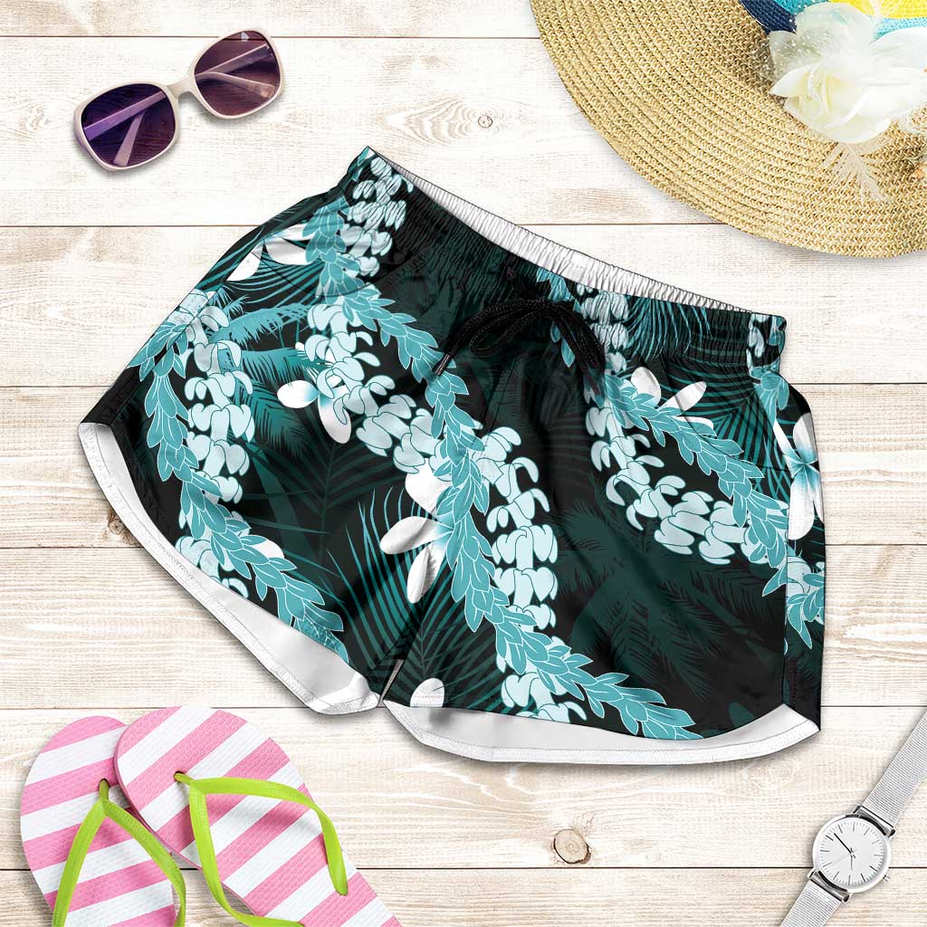 Puakenikeni Maile Lei Shorts for Women Frangipani Turquoise Tropical Leaves