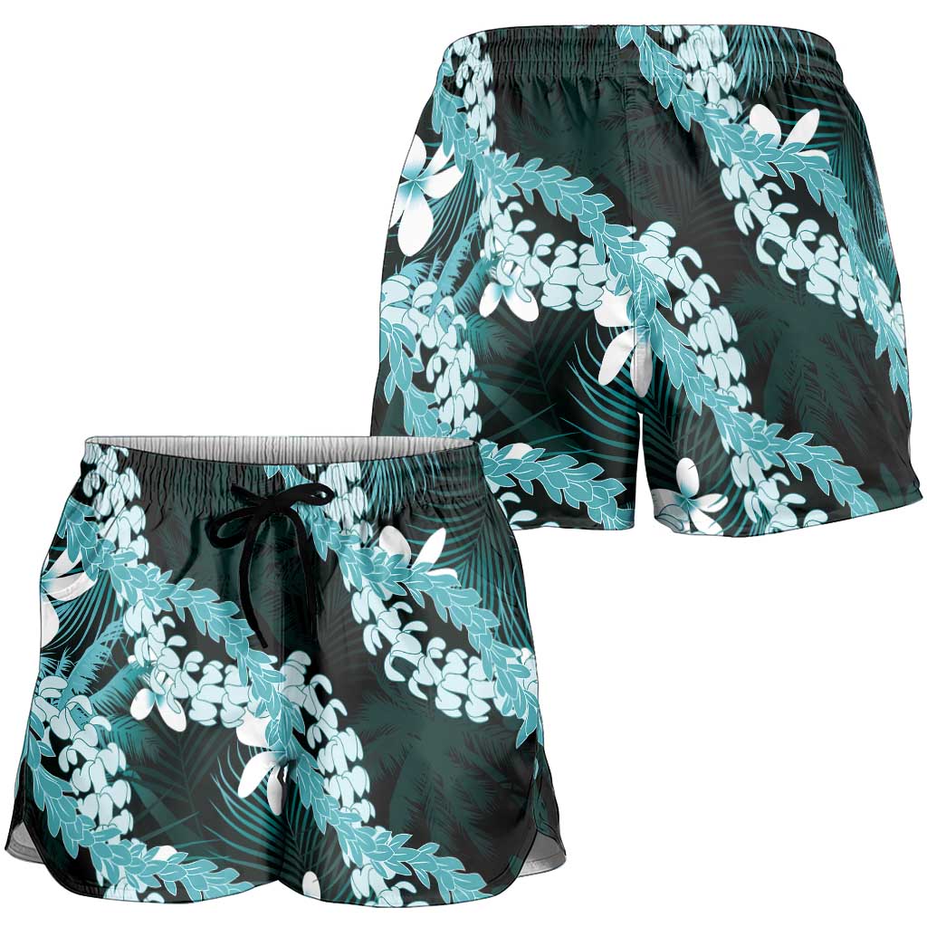 Puakenikeni Maile Lei Shorts for Women Frangipani Turquoise Tropical Leaves LT01 - Polynesian Pride