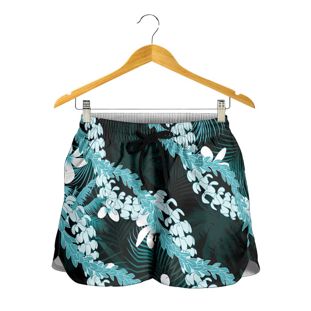 Puakenikeni Maile Lei Shorts for Women Frangipani Turquoise Tropical Leaves LT01 - Polynesian Pride