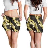 Puakenikeni Maile Lei Shorts for Women Frangipani Yellow Tropical Leaves LT01 - Polynesian Pride