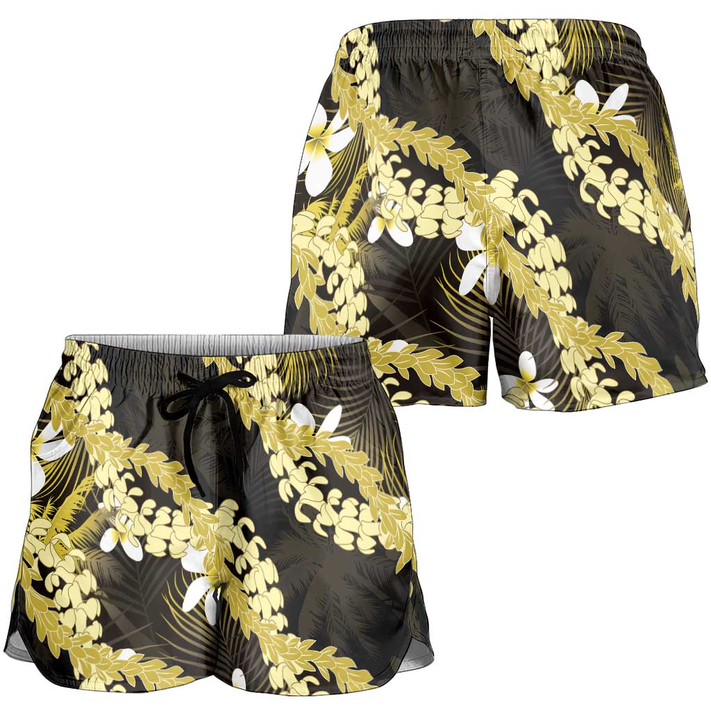 Puakenikeni Maile Lei Shorts for Women Frangipani Yellow Tropical Leaves LT01 - Polynesian Pride