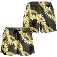 Puakenikeni Maile Lei Shorts for Women Frangipani Yellow Tropical Leaves LT01 - Polynesian Pride