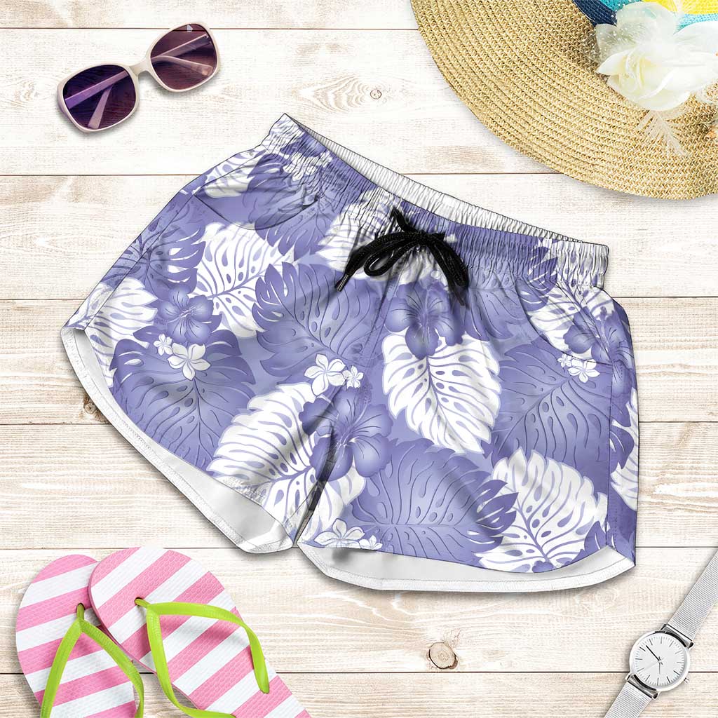 Purple Aloha Hawaii Shorts for Women Monstera Hibiscus Plumeria Seamless Vibes LT14 Purple - Polynesian Pride