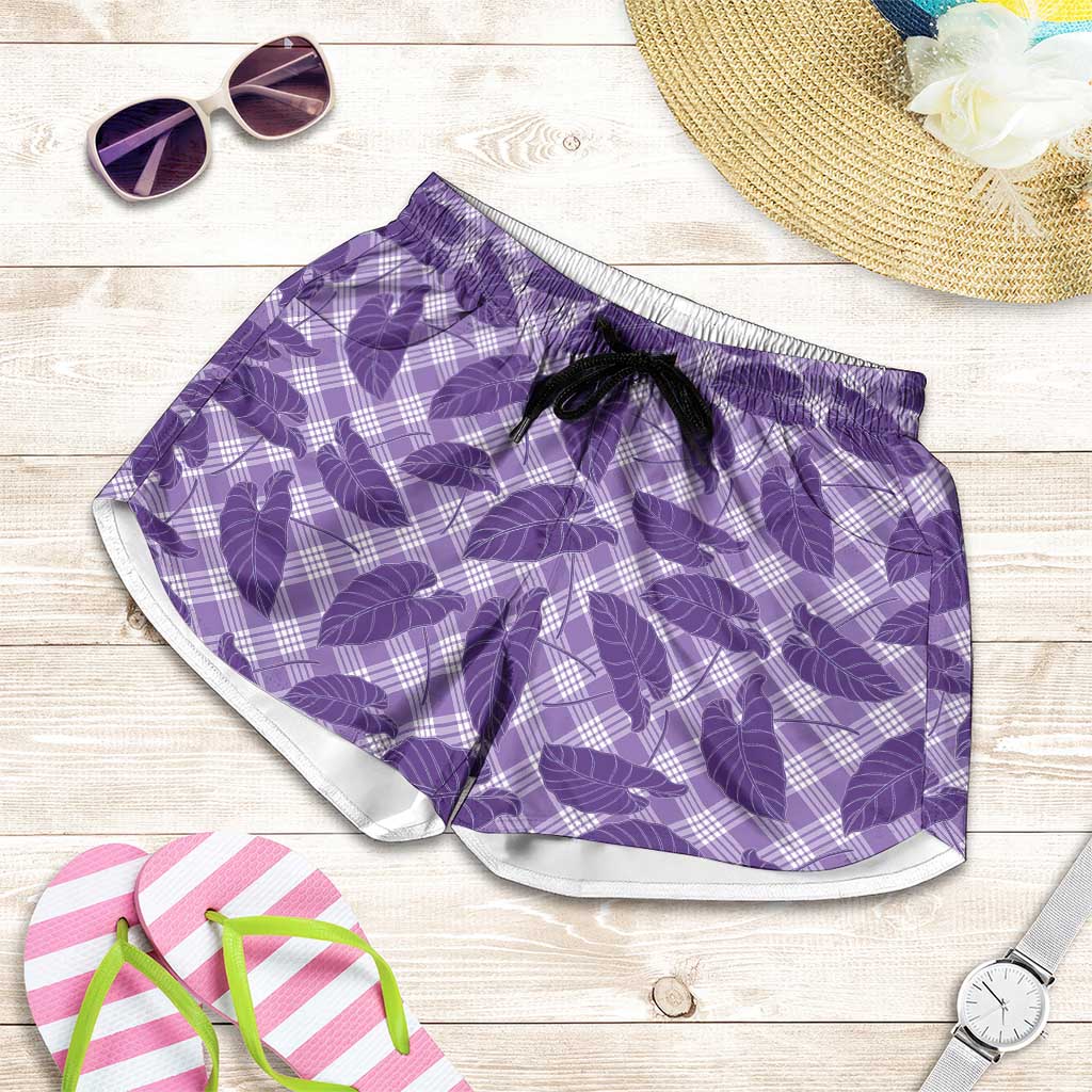 Purple Hawaii Kalo Palaka Motifs Shorts for Women Hawaiian Taro Leaves Elegant Vibes LT14 Purple - Polynesian Pride