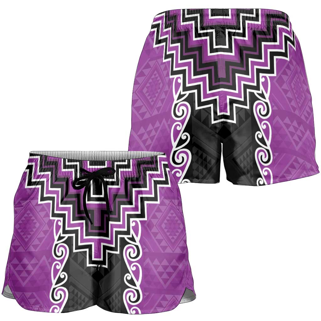Purple Niho Taniwha Mix Poutama Shorts for Women Unique Taniko Aotearoa - Polynesian Pride