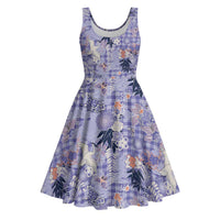 Purple Palaka Crane and Flowers Midi Dress Japan Heritage Spirit LT9 Purple - Polynesian Pride