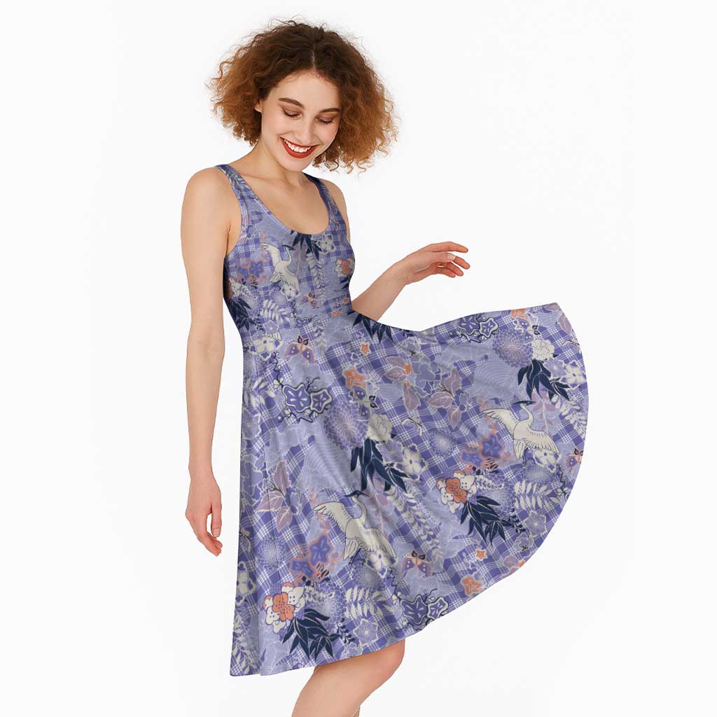 Purple Palaka Crane and Flowers Midi Dress Japan Heritage Spirit LT9 - Polynesian Pride