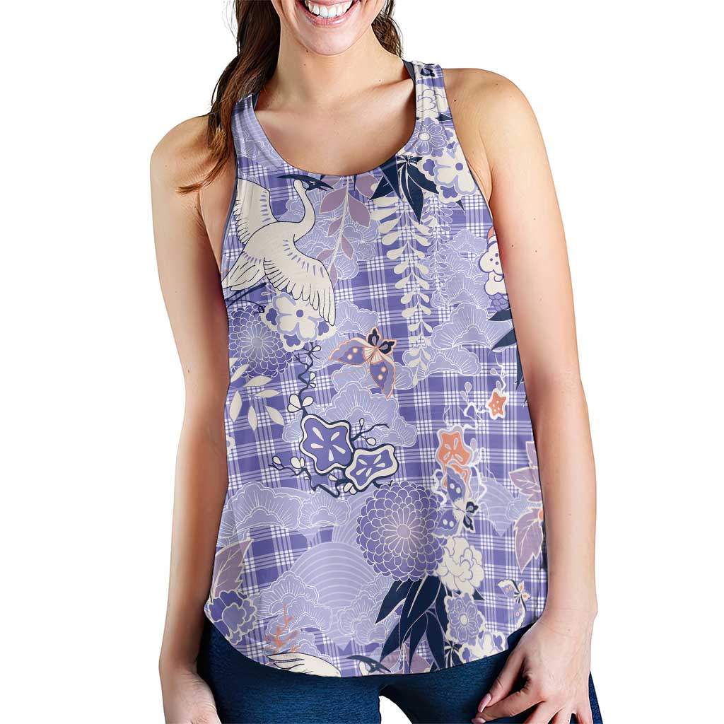 Purple Palaka Crane and Flowers Women Racerback Tank Japan Heritage Spirit LT9 - Polynesian Pride