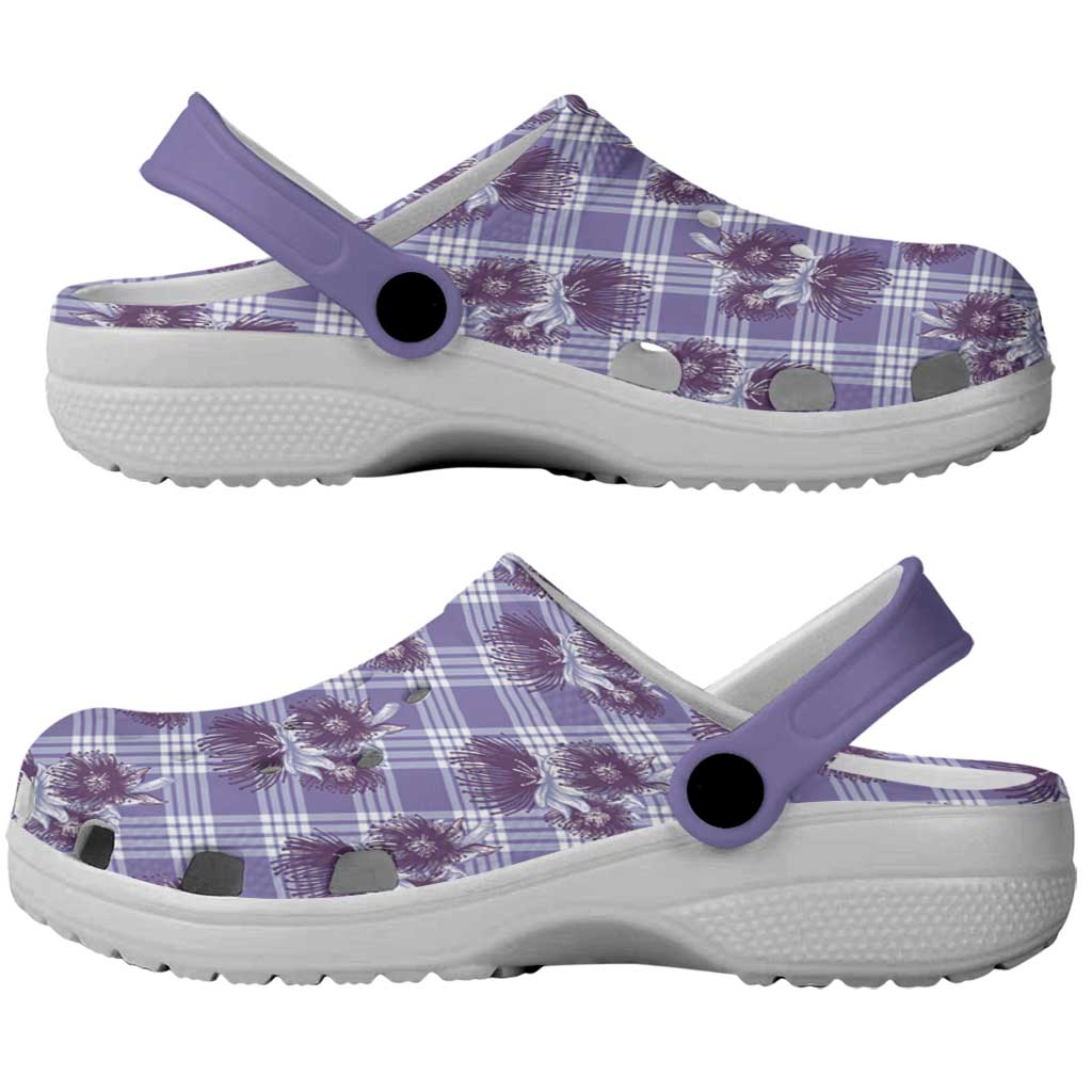 Purple Palaka Hawaii Clogs Shoes Hawaiian Lehua Blossoms
