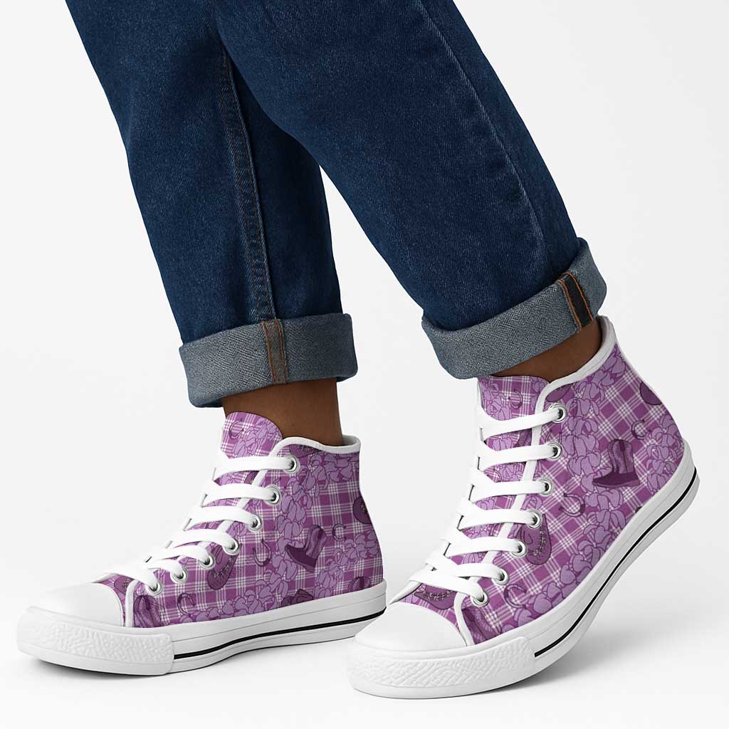 Purple Palaka Hawaii Cowboy High Top Shoes Puakenikeni Lei Paniolo Papale Seamless Vibes LT14 - Polynesian Pride