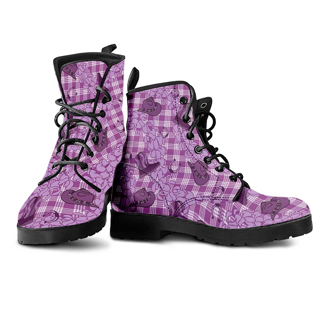 Purple Palaka Hawaii Cowboy Leather Boots Puakenikeni Lei Paniolo Papale Seamless Vibes LT14 - Polynesian Pride