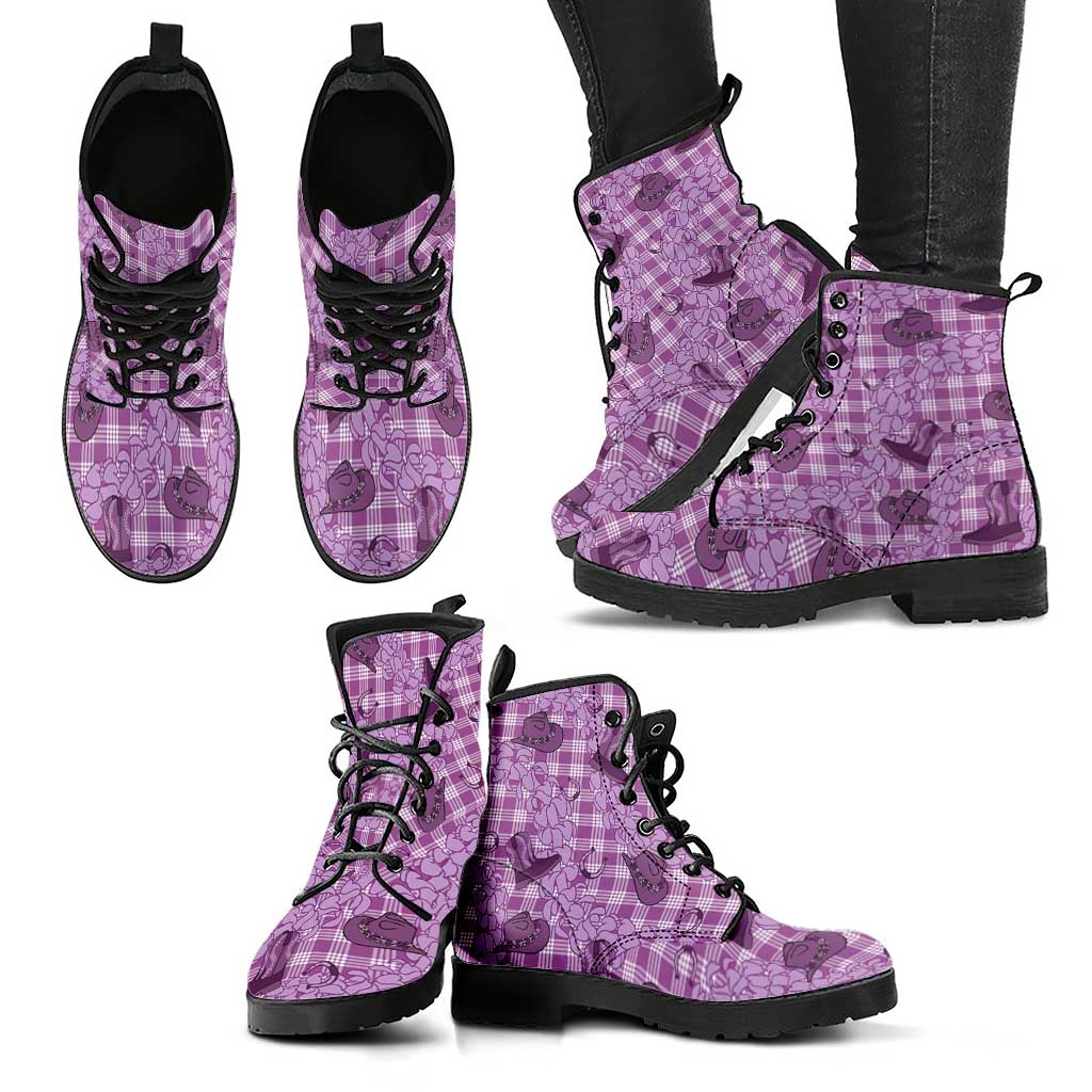 Purple Palaka Hawaii Cowboy Leather Boots Puakenikeni Lei Paniolo Papale Seamless Vibes LT14 - Polynesian Pride