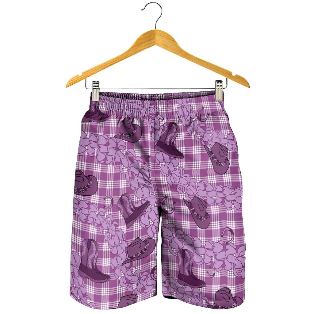 Purple Palaka Hawaii Cowboy Shorts for Men Puakenikeni Lei Paniolo Papale Seamless Vibes LT14 - Polynesian Pride