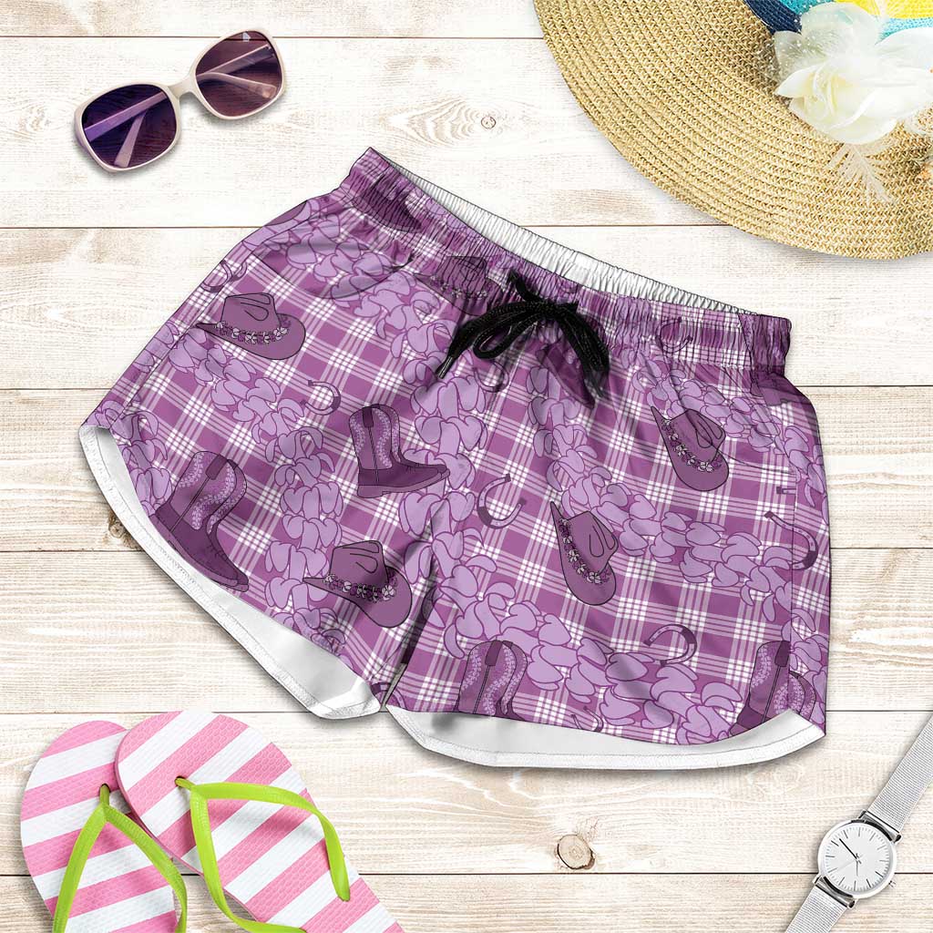 Purple Palaka Hawaii Cowboy Shorts for Women Puakenikeni Lei Paniolo Papale Seamless Vibes LT14 Purple - Polynesian Pride