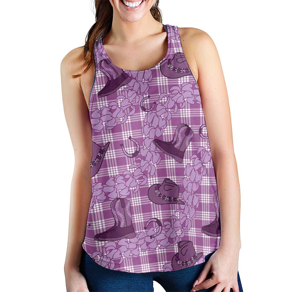 Purple Palaka Hawaii Cowboy Women Racerback Tank Puakenikeni Lei Paniolo Papale Seamless Vibes LT14 - Polynesian Pride