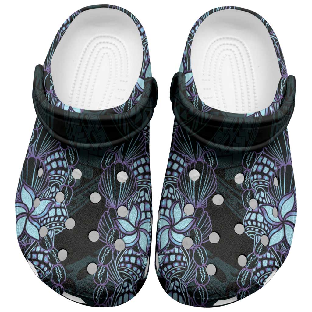 Purple Paradise Hawaii Shell Lei Clogs Shoes Hawaiian Sunrise Shell Hebrew Cone Plumeria - Polynesian Pride