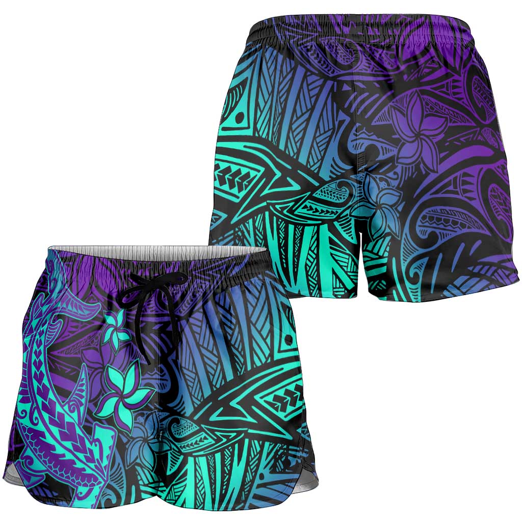 Purple Paradise Polynesian Shorts for Women Hawaiian Tribal Hammerhead Shark