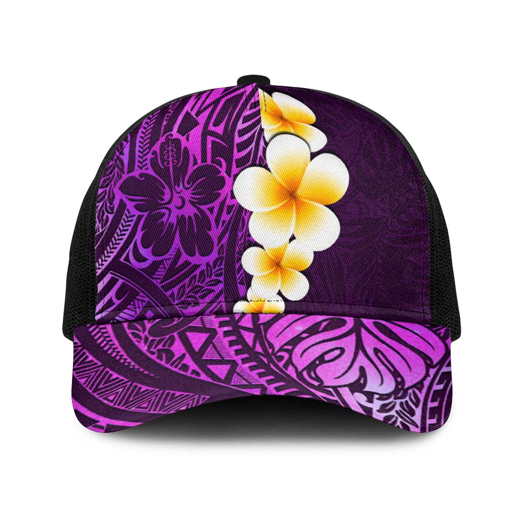 Purple Polynesia Baseball Net Cap Plumeria Tropical Leaves With Galaxy Polynesian Art - Polynesian Pride