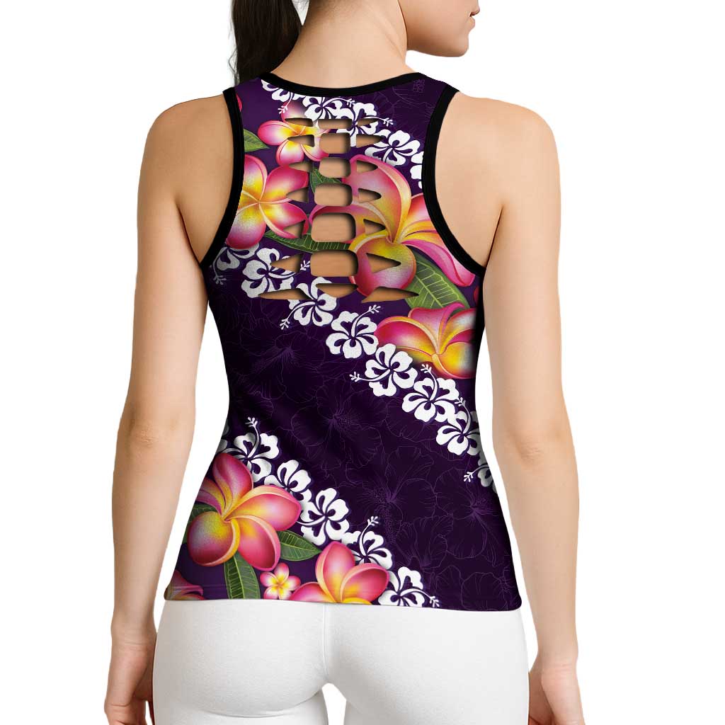 Purple Polynesia Hollow Tank Top Plumeria With Hibiscus Pattern Tropical Vibes LT14 - Polynesian Pride