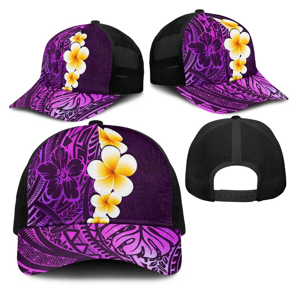 Purple Polynesia Mesh Trucker Cap Plumeria Tropical Leaves With Galaxy Polynesian Art - Polynesian Pride