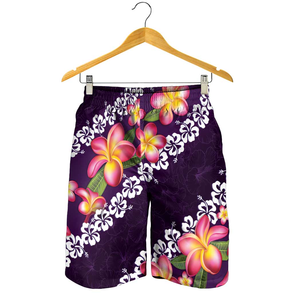 Purple Polynesia Shorts for Men Plumeria With Hibiscus Pattern Tropical Vibes - Polynesian Pride