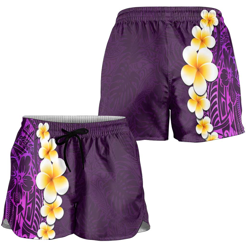 Purple Polynesia Shorts for Women Plumeria Tropical Leaves With Galaxy Polynesian Art - Polynesian Pride