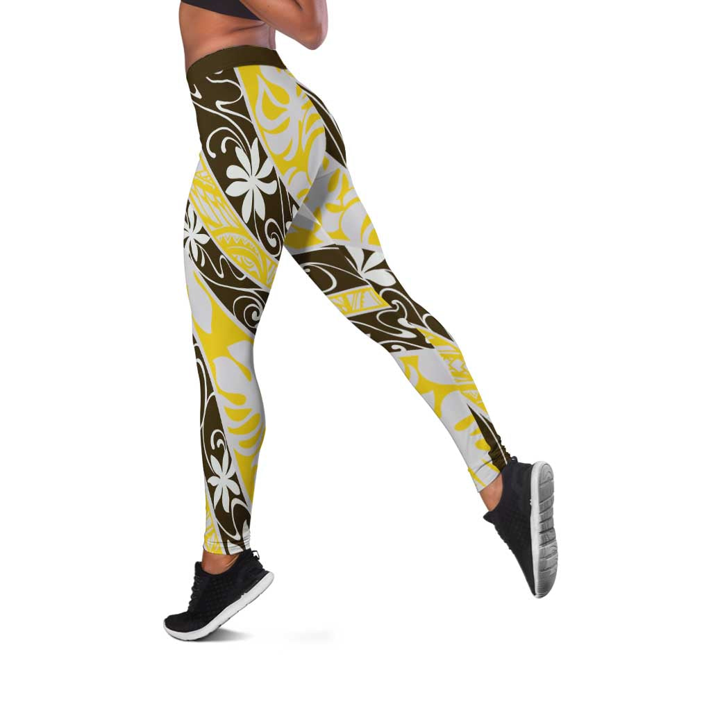 Rearea Tahiti Tiare Monstera Leggings Polynesian Pattern Curve Style LT01 Yellow - Polynesian Pride