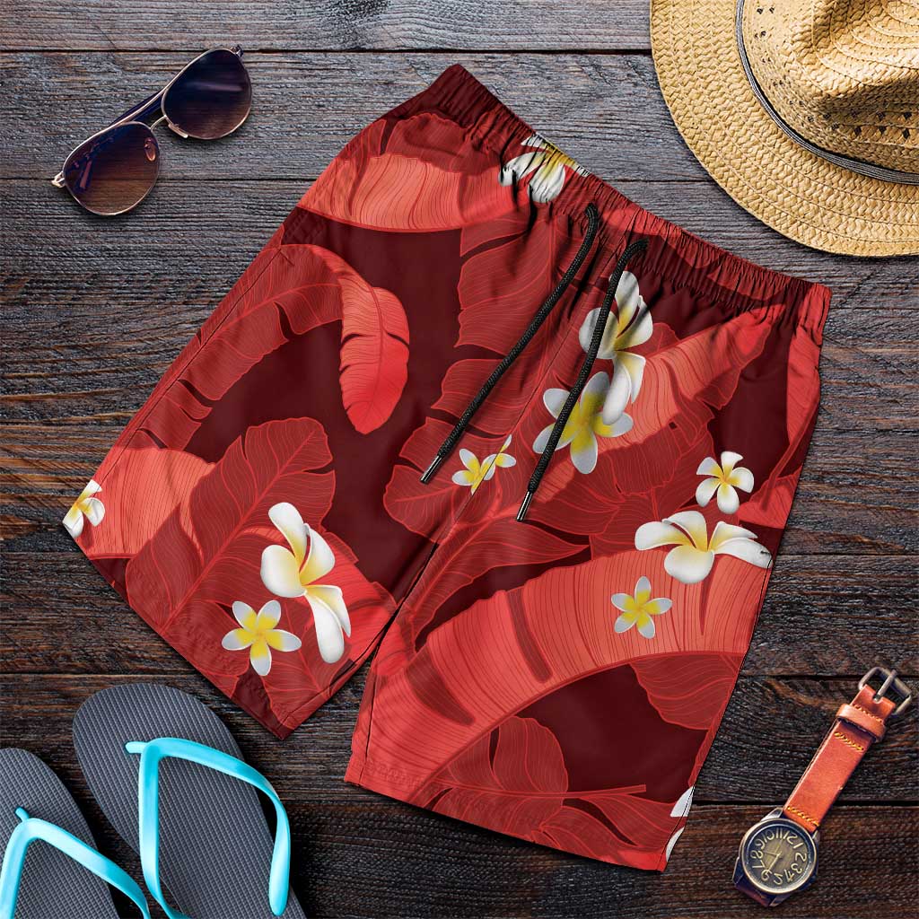 Red Banana Leaf Hawaii Shorts for Men Lau Maia Plumeria Tropical Summer Vibes LT14 Red - Polynesian Pride