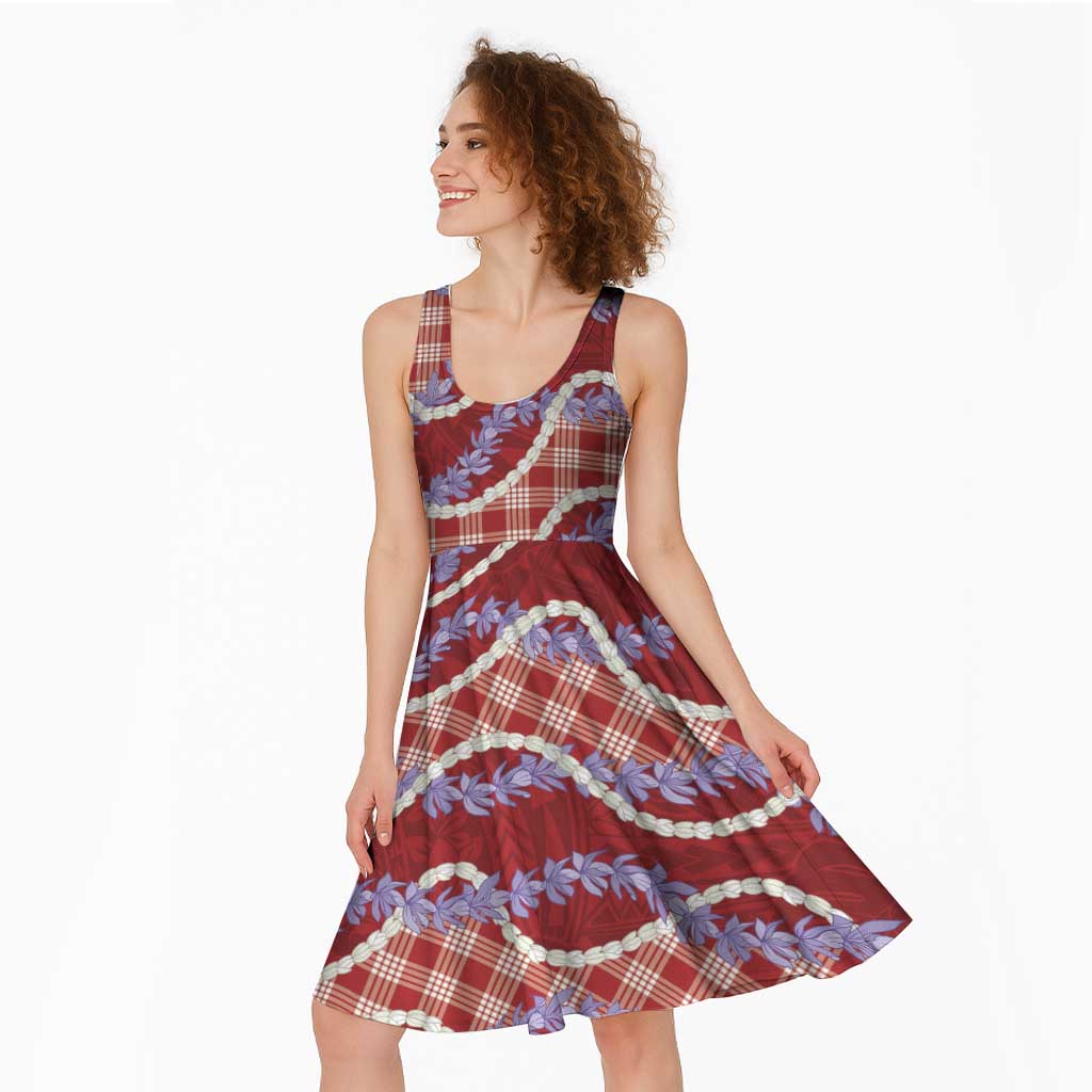 Red Hawaii Palaka Honohono Pikake Midi Dress Hawaiian Orchid Lei Polynesian Pattern - Polynesian Pride