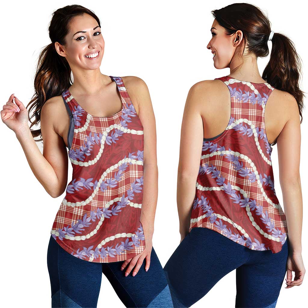 Red Hawaii Palaka Honohono Pikake Women Racerback Tank Hawaiian Orchid Lei Polynesian Pattern - Polynesian Pride