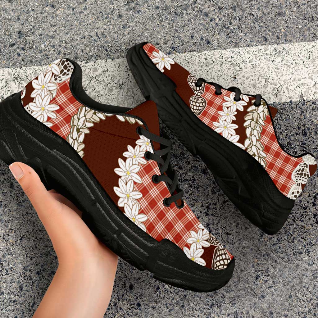 Red Hawaii Tiare and Shell Lei Chunky Sneakers Hawaiian Palaka Luxury Vibes LT14 - Polynesian Pride