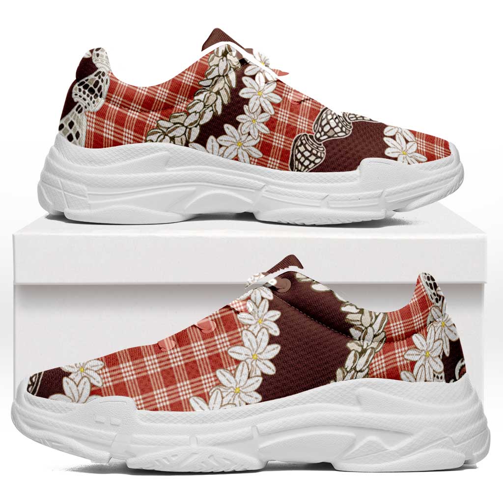 Red Hawaii Tiare and Shell Lei Chunky Sneakers Hawaiian Palaka Luxury Vibes LT14 Red - Polynesian Pride