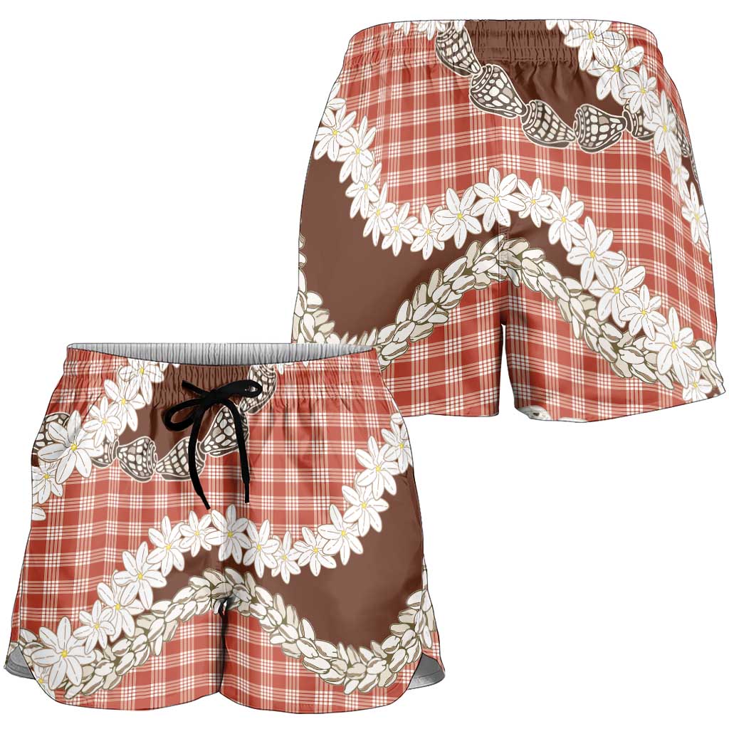 Red Hawaii Tiare and Shell Lei Shorts for Women Hawaiian Palaka Luxury Vibes - Polynesian Pride