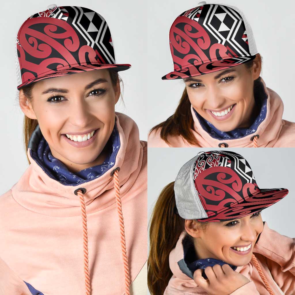 Red New Zealand Mesh Trucker Cap Aotearoa Kowhaiwhai Mix Taniko Art - Polynesian Pride