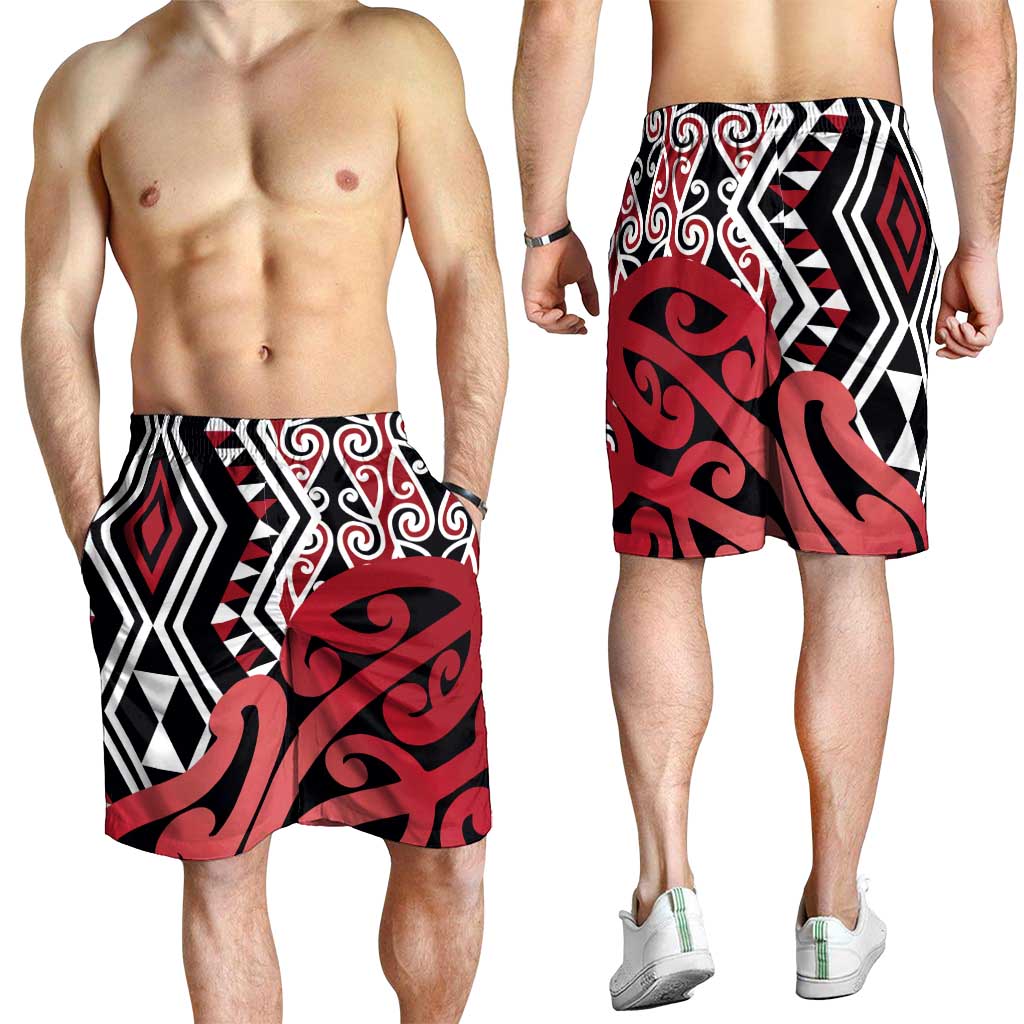 Red New Zealand Shorts for Men Aotearoa Kowhaiwhai Mix Taniko Art LT14 - Polynesian Pride