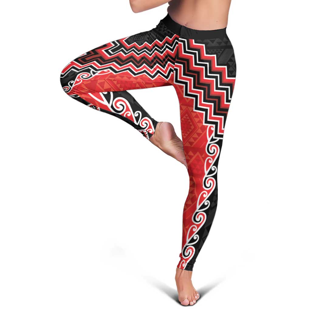 Red Niho Taniwha Mix Poutama Leggings Unique Taniko Aotearoa - Polynesian Pride